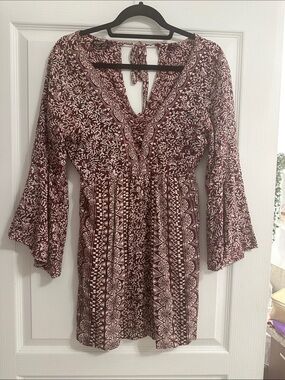 Angie Burgundy and Cream Boho Tie-Back Long Sleeve Mini Dress